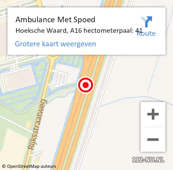 Locatie op kaart van de 112 melding: Ambulance Met Spoed Naar Hoeksche Waard, A16 hectometerpaal: 41 op 7 februari 2024 13:15