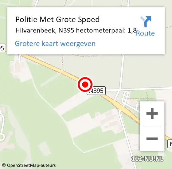 Locatie op kaart van de 112 melding: Politie Met Grote Spoed Naar Hilvarenbeek, N395 hectometerpaal: 1,8 op 7 februari 2024 16:52