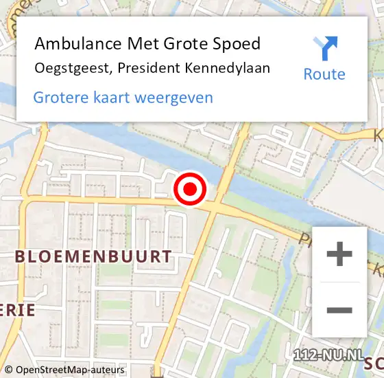 Locatie op kaart van de 112 melding: Ambulance Met Grote Spoed Naar Oegstgeest, President Kennedylaan op 7 februari 2024 17:20