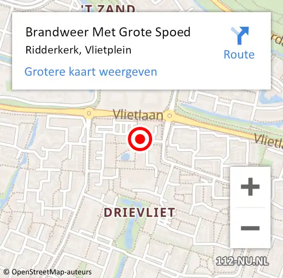 Locatie op kaart van de 112 melding: Brandweer Met Grote Spoed Naar Ridderkerk, Vlietplein op 8 februari 2024 00:39