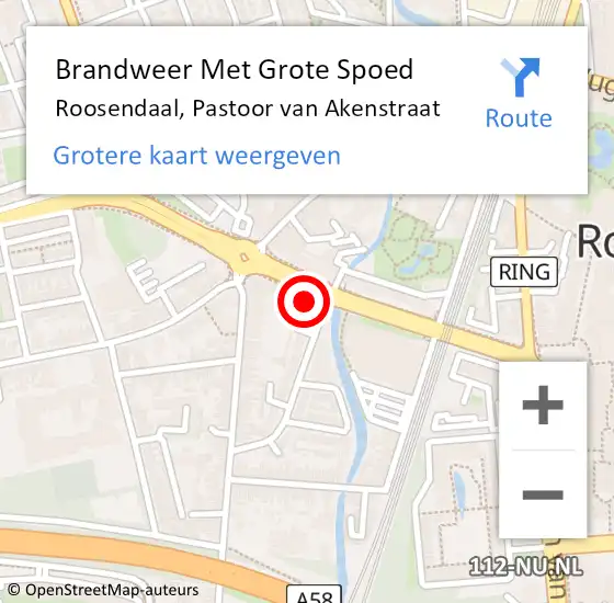 Locatie op kaart van de 112 melding: Brandweer Met Grote Spoed Naar Roosendaal, Pastoor van Akenstraat op 8 februari 2024 01:58