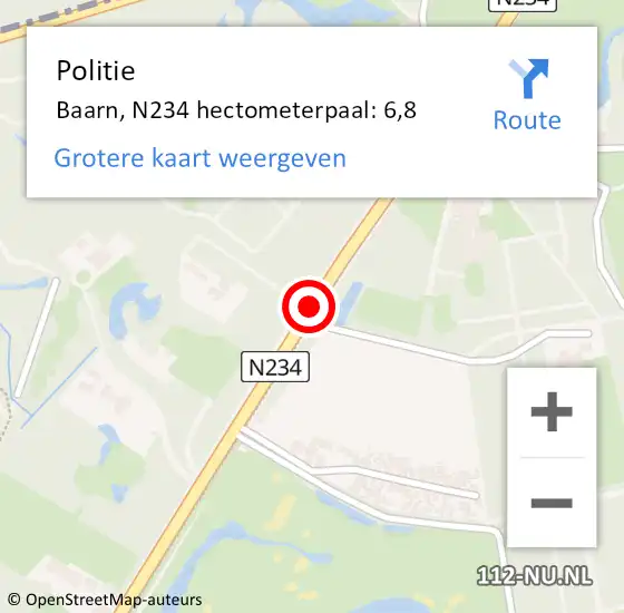 Locatie op kaart van de 112 melding: Politie Baarn, N234 hectometerpaal: 6,8 op 8 februari 2024 07:57
