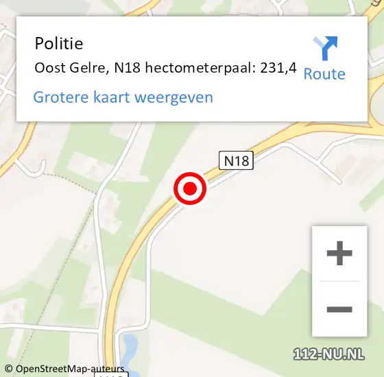 Locatie op kaart van de 112 melding: Politie Oost Gelre, N18 hectometerpaal: 231,4 op 8 februari 2024 10:22