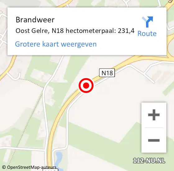 Locatie op kaart van de 112 melding: Brandweer Oost Gelre, N18 hectometerpaal: 231,4 op 8 februari 2024 10:23