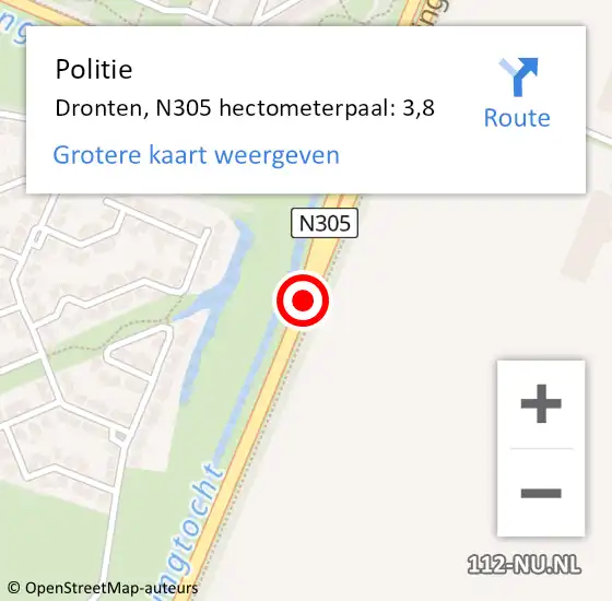 Locatie op kaart van de 112 melding: Politie Dronten, N305 hectometerpaal: 3,8 op 25 september 2014 08:26
