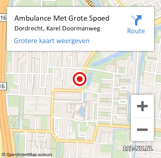 Locatie op kaart van de 112 melding: Ambulance Met Grote Spoed Naar Dordrecht, Karel Doormanweg op 8 februari 2024 14:24