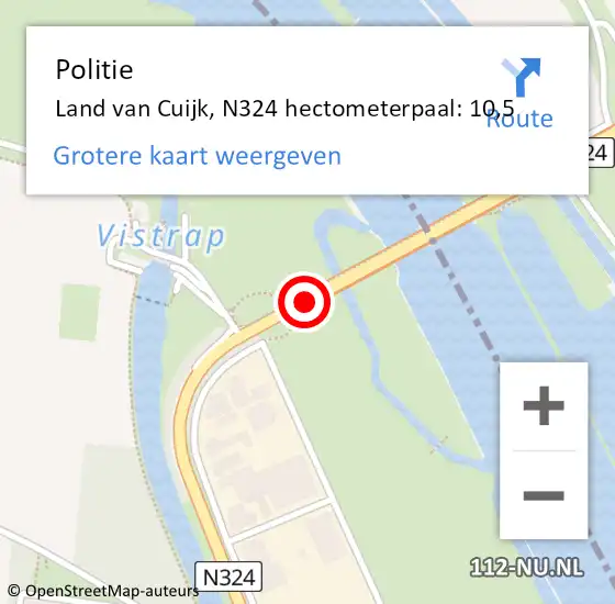 Locatie op kaart van de 112 melding: Politie Land van Cuijk, N324 hectometerpaal: 10,5 op 8 februari 2024 15:18