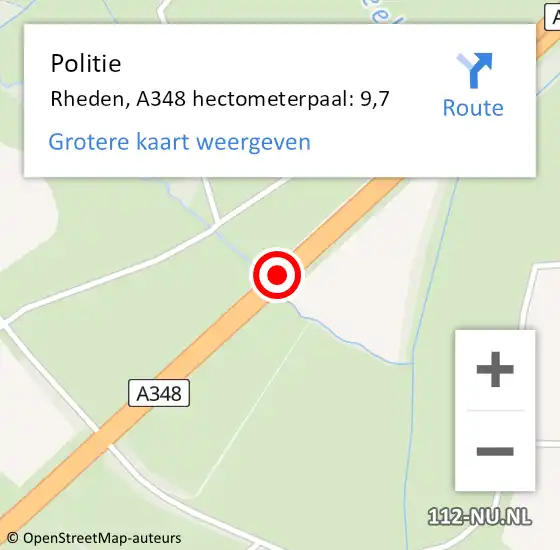 Locatie op kaart van de 112 melding: Politie Rheden, A348 hectometerpaal: 9,7 op 8 februari 2024 16:39