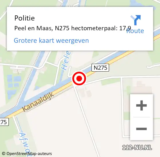 Locatie op kaart van de 112 melding: Politie Peel en Maas, N275 hectometerpaal: 17,9 op 8 februari 2024 17:08
