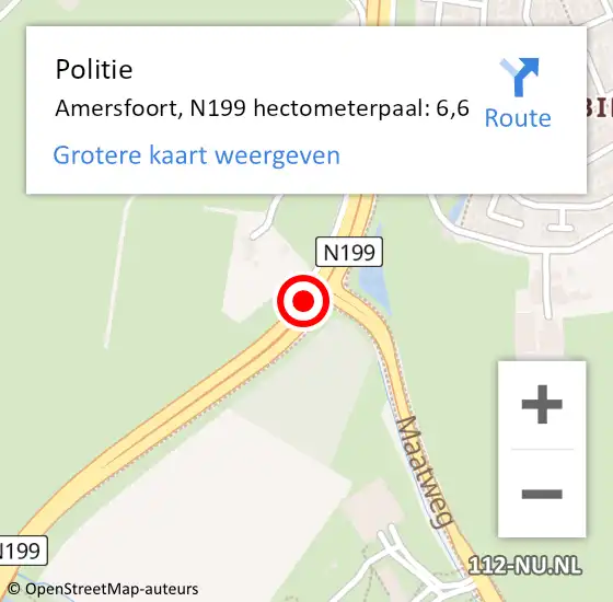 Locatie op kaart van de 112 melding: Politie Amersfoort, N199 hectometerpaal: 6,6 op 8 februari 2024 20:28