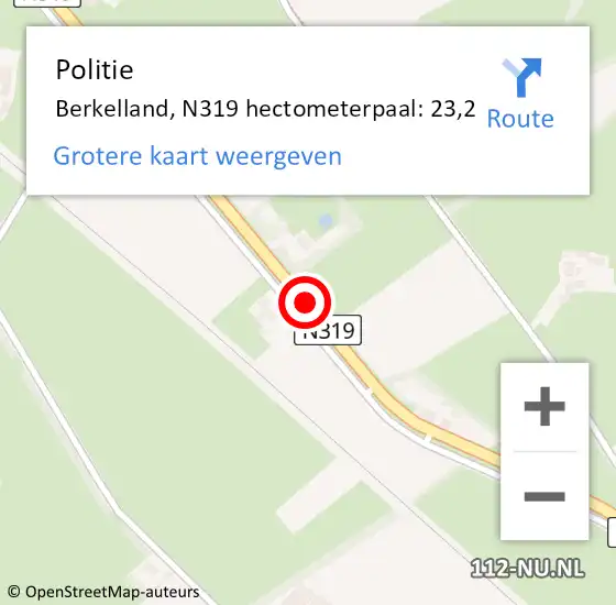 Locatie op kaart van de 112 melding: Politie Berkelland, N319 hectometerpaal: 23,2 op 8 februari 2024 20:44