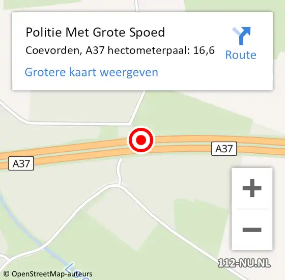 Locatie op kaart van de 112 melding: Politie Met Grote Spoed Naar Coevorden, A37 hectometerpaal: 16,6 op 9 februari 2024 05:17