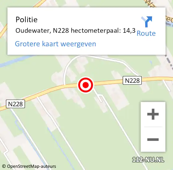 Locatie op kaart van de 112 melding: Politie Oudewater, N228 hectometerpaal: 14,3 op 9 februari 2024 06:59