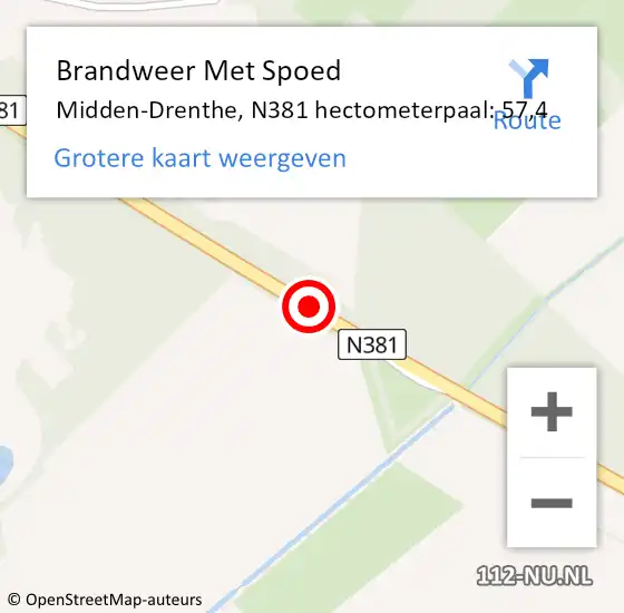 Locatie op kaart van de 112 melding: Brandweer Met Spoed Naar Midden-Drenthe, N381 hectometerpaal: 57,4 op 9 februari 2024 12:55