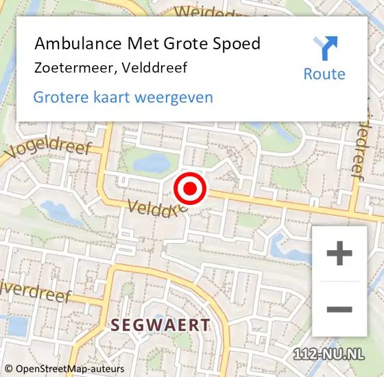 Locatie op kaart van de 112 melding: Ambulance Met Grote Spoed Naar Zoetermeer, Velddreef op 9 februari 2024 13:06