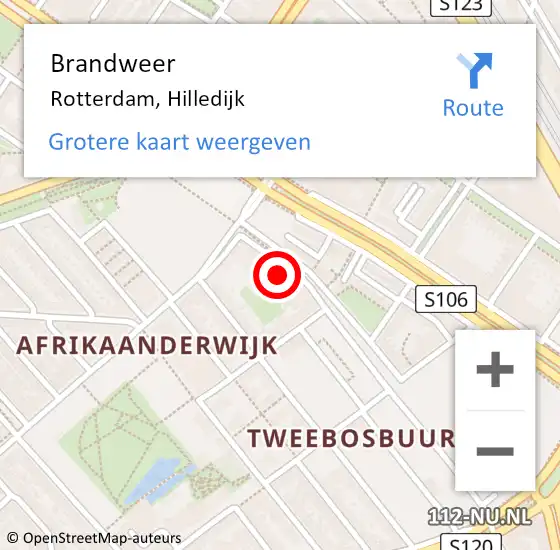 Locatie op kaart van de 112 melding: Brandweer Rotterdam, Hilledijk op 9 februari 2024 19:15