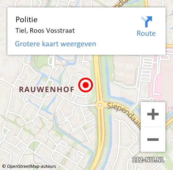 Locatie op kaart van de 112 melding: Politie Tiel, Roos Vosstraat op 9 februari 2024 20:05