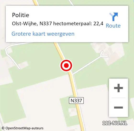 Locatie op kaart van de 112 melding: Politie Olst-Wijhe, N337 hectometerpaal: 22,4 op 9 februari 2024 20:34