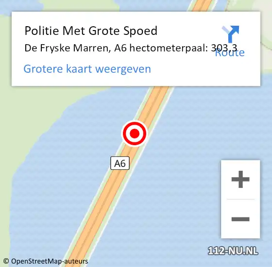 Locatie op kaart van de 112 melding: Politie Met Grote Spoed Naar De Fryske Marren, A6 hectometerpaal: 303,3 op 10 februari 2024 00:57
