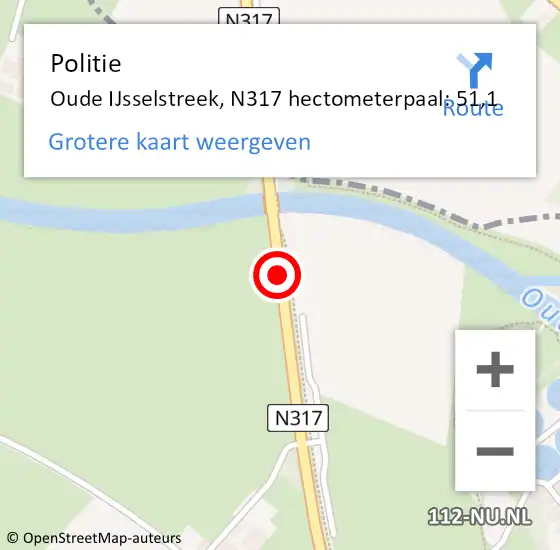 Locatie op kaart van de 112 melding: Politie Oude IJsselstreek, N317 hectometerpaal: 51,1 op 10 februari 2024 01:55