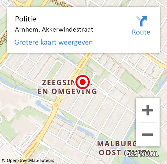 Locatie op kaart van de 112 melding: Politie Arnhem, Akkerwindestraat op 10 februari 2024 05:58
