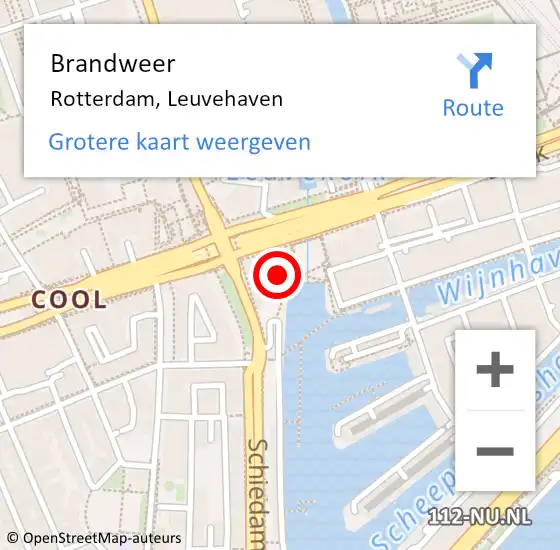 Locatie op kaart van de 112 melding: Brandweer Rotterdam, Leuvehaven op 10 februari 2024 09:55
