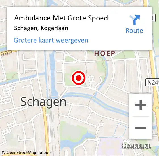 Locatie op kaart van de 112 melding: Ambulance Met Grote Spoed Naar Schagen, Kogerlaan op 10 februari 2024 12:17