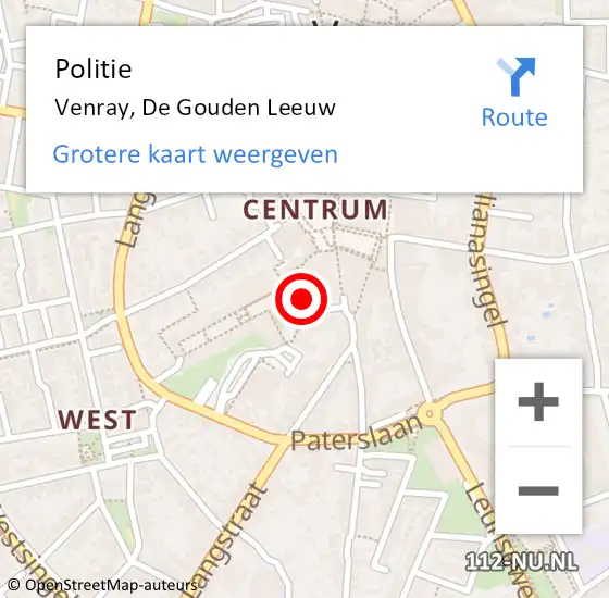 Locatie op kaart van de 112 melding: Politie Venray, De Gouden Leeuw op 10 februari 2024 20:38