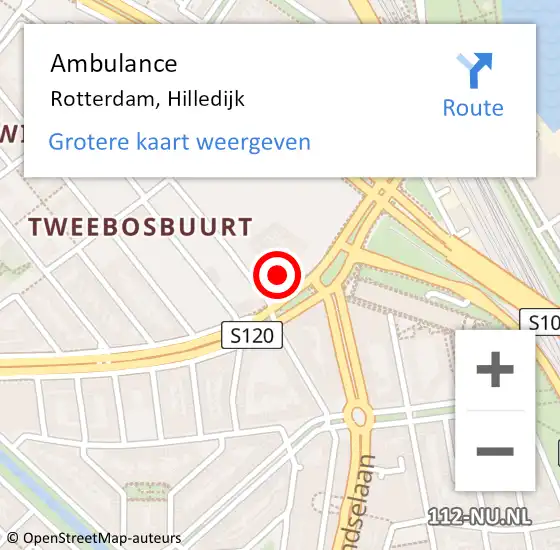 Locatie op kaart van de 112 melding: Ambulance Rotterdam, Hilledijk op 10 februari 2024 20:39