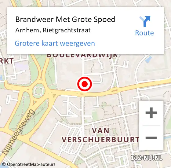 Locatie op kaart van de 112 melding: Brandweer Met Grote Spoed Naar Arnhem, Rietgrachtstraat op 10 februari 2024 22:10
