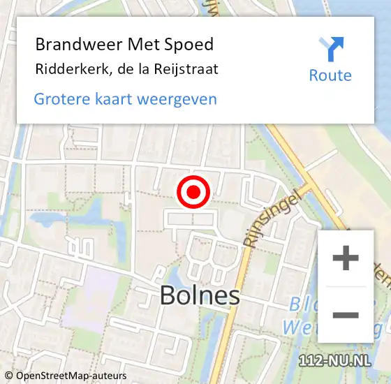 Locatie op kaart van de 112 melding: Brandweer Met Spoed Naar Ridderkerk, de la Reijstraat op 10 februari 2024 22:58
