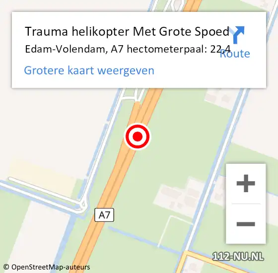 Locatie op kaart van de 112 melding: Trauma helikopter Met Grote Spoed Naar Edam-Volendam, A7 hectometerpaal: 22,4 op 11 februari 2024 01:51