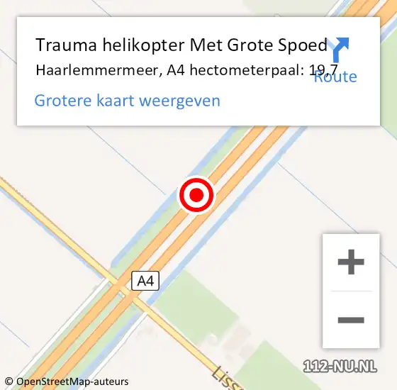 Locatie op kaart van de 112 melding: Trauma helikopter Met Grote Spoed Naar Haarlemmermeer, A4 hectometerpaal: 19,7 op 11 februari 2024 03:41