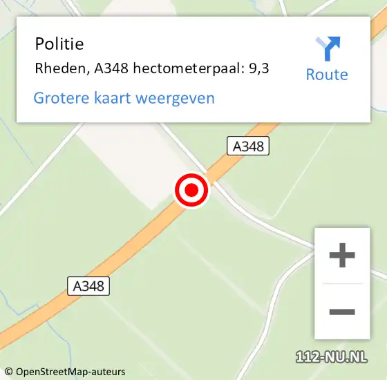 Locatie op kaart van de 112 melding: Politie Rheden, A348 hectometerpaal: 9,3 op 11 februari 2024 11:45