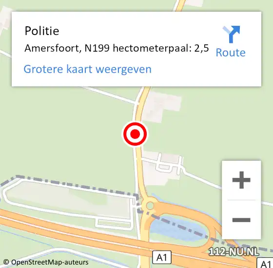 Locatie op kaart van de 112 melding: Politie Amersfoort, N199 hectometerpaal: 2,5 op 11 februari 2024 12:27