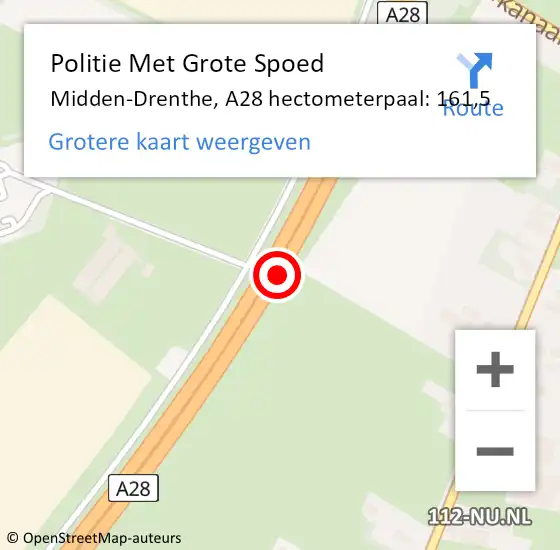Locatie op kaart van de 112 melding: Politie Met Grote Spoed Naar Midden-Drenthe, A28 hectometerpaal: 161,5 op 11 februari 2024 20:23