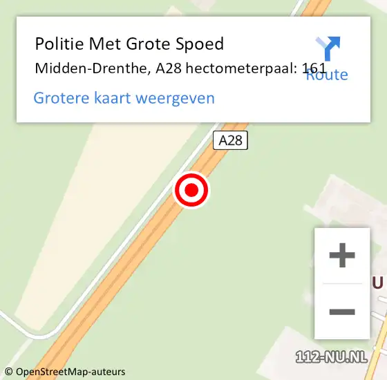 Locatie op kaart van de 112 melding: Politie Met Grote Spoed Naar Midden-Drenthe, A28 hectometerpaal: 161 op 11 februari 2024 20:28