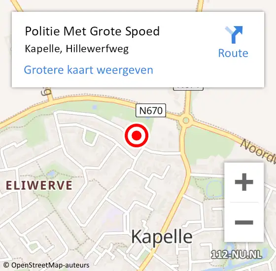 Locatie op kaart van de 112 melding: Politie Met Grote Spoed Naar Kapelle, Hillewerfweg op 12 februari 2024 07:57