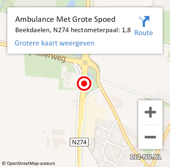 Locatie op kaart van de 112 melding: Ambulance Met Grote Spoed Naar Beekdaelen, N274 hectometerpaal: 1,8 op 12 februari 2024 08:00
