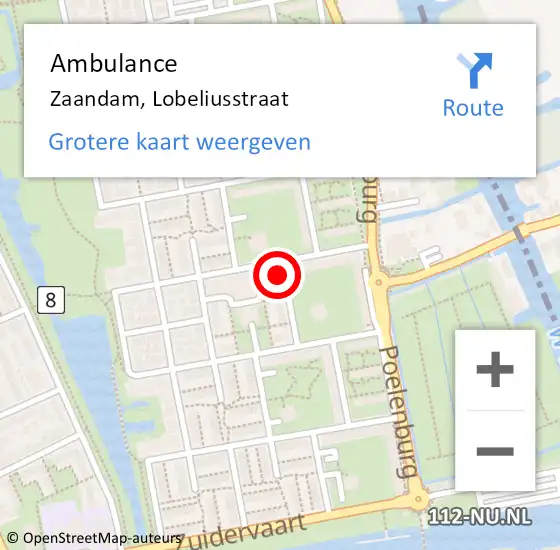 Locatie op kaart van de 112 melding: Ambulance Zaandam, Lobeliusstraat op 12 februari 2024 14:38