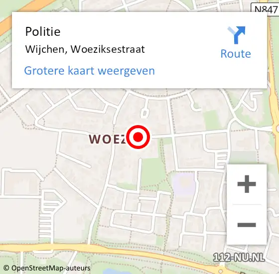 Locatie op kaart van de 112 melding: Politie Wijchen, Woeziksestraat op 12 februari 2024 19:57