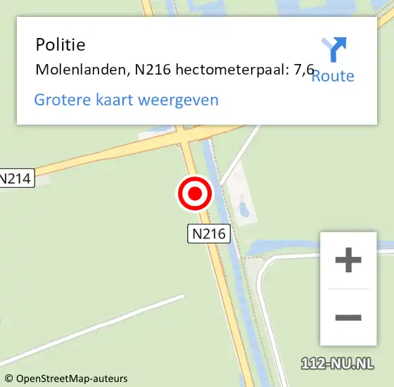 Locatie op kaart van de 112 melding: Politie Molenlanden, N216 hectometerpaal: 7,6 op 13 februari 2024 06:43