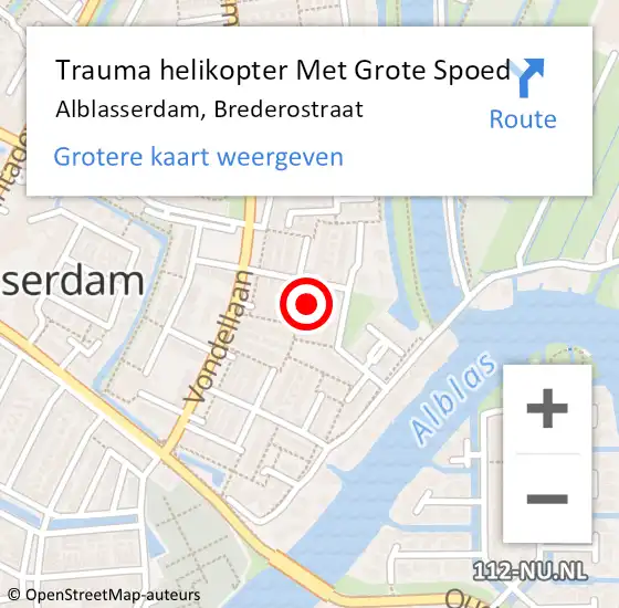 Locatie op kaart van de 112 melding: Trauma helikopter Met Grote Spoed Naar Alblasserdam, Brederostraat op 13 februari 2024 09:52