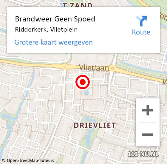 Locatie op kaart van de 112 melding: Brandweer Geen Spoed Naar Ridderkerk, Vlietplein op 13 februari 2024 12:17