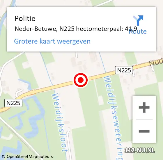 Locatie op kaart van de 112 melding: Politie Neder-Betuwe, N225 hectometerpaal: 41,9 op 13 februari 2024 16:45