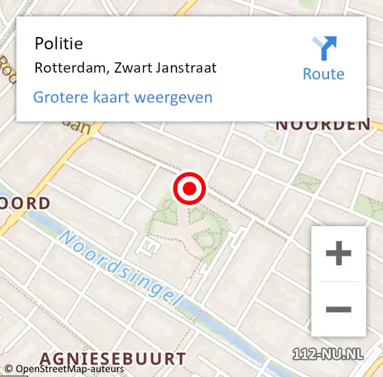 Locatie op kaart van de 112 melding: Politie Rotterdam, Zwart Janstraat op 13 februari 2024 21:14