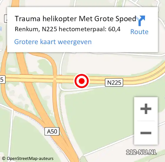 Locatie op kaart van de 112 melding: Trauma helikopter Met Grote Spoed Naar Renkum, N225 hectometerpaal: 60,4 op 14 februari 2024 13:55