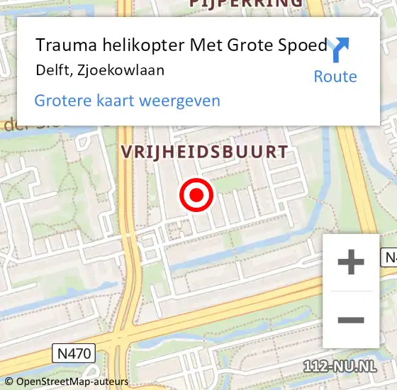 Locatie op kaart van de 112 melding: Trauma helikopter Met Grote Spoed Naar Delft, Zjoekowlaan op 14 februari 2024 17:05