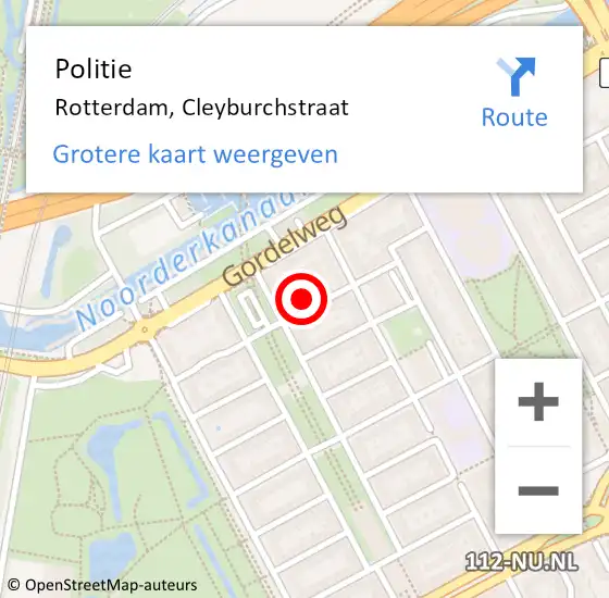 Locatie op kaart van de 112 melding: Politie Rotterdam, Cleyburchstraat op 14 februari 2024 18:46