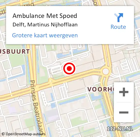 Locatie op kaart van de 112 melding: Ambulance Met Spoed Naar Delft, Martinus Nijhofflaan op 14 februari 2024 20:24